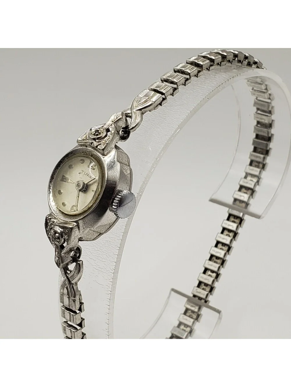 Vintage Timex Rhodium Plate Bezel Mechanical Watch Women For Parts Or Repair